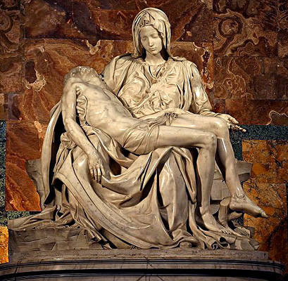 Michelangelo's statue The Pieta of the dead body of Jesus on the lap of his mother Mary