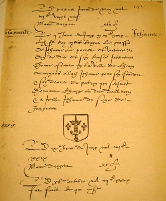 Original document showing coat of arms given to Joan of Arc by Charles VII