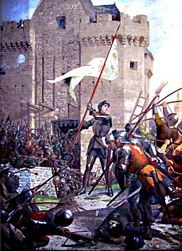 Joan of Arc standing before the Tourelles with her banner